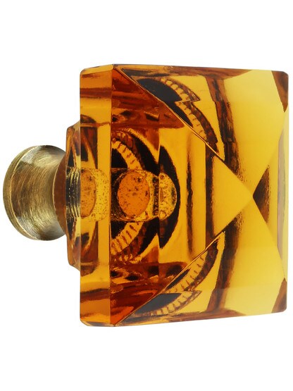 Amber Lead-Free Square Crystal Knob with Solid Brass Base in Antique Brass.